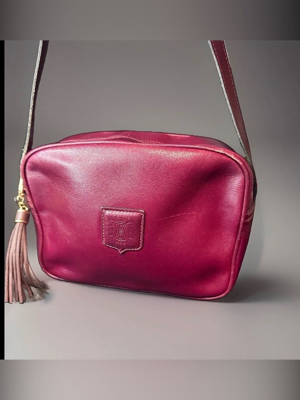 CELINE Paris leather Burgundy Zip Camera bag
with Tassel